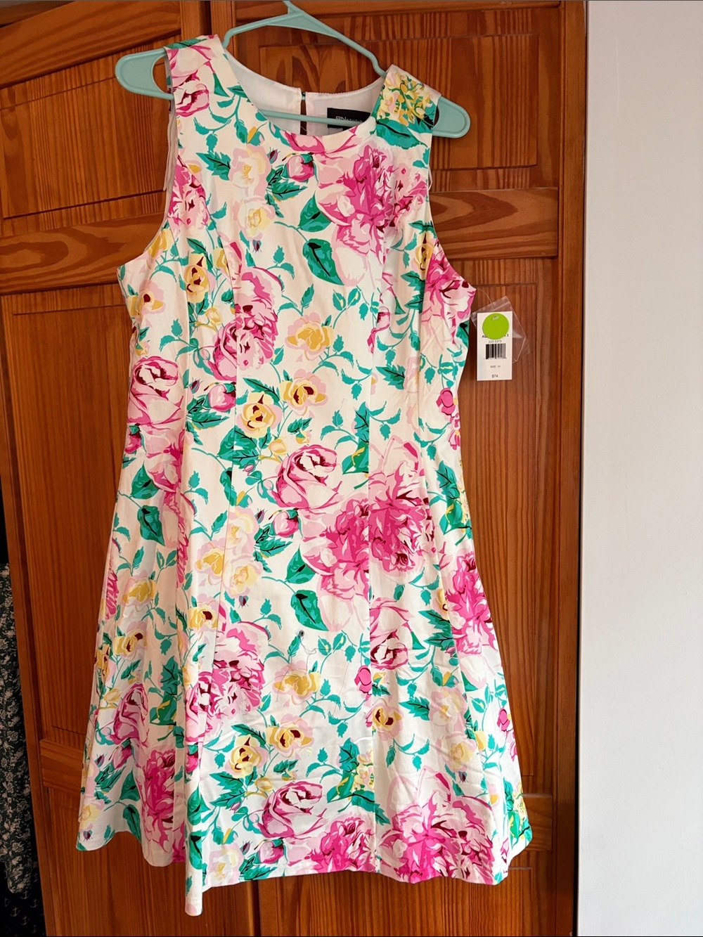 Ronni Nicole Cream Floral Midi Dress with Pink and Green Accents